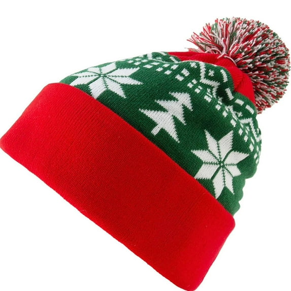 Xfvqtps Unisex Men and Women Beanie Knitted Christmas Tree Snowflake Print Plush Pompom Stretch Soft Windproof Coldproof Warm Outdoor Winter Skull Cap Green