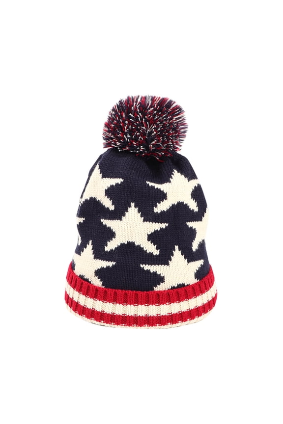 Unisex Men and Women Beanie with Plush Pompom Star Print American Flag Print Knitted Stretch Soft Windproof Coldproof Warm Winter Hat Blue