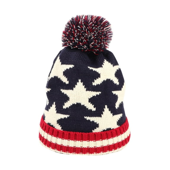 Xfvqtps Unisex Men and Women Beanie with Plush Pompom Star Print American Flag Print Knitted Stretch Soft Windproof Coldproof Warm Winter Hat Blue