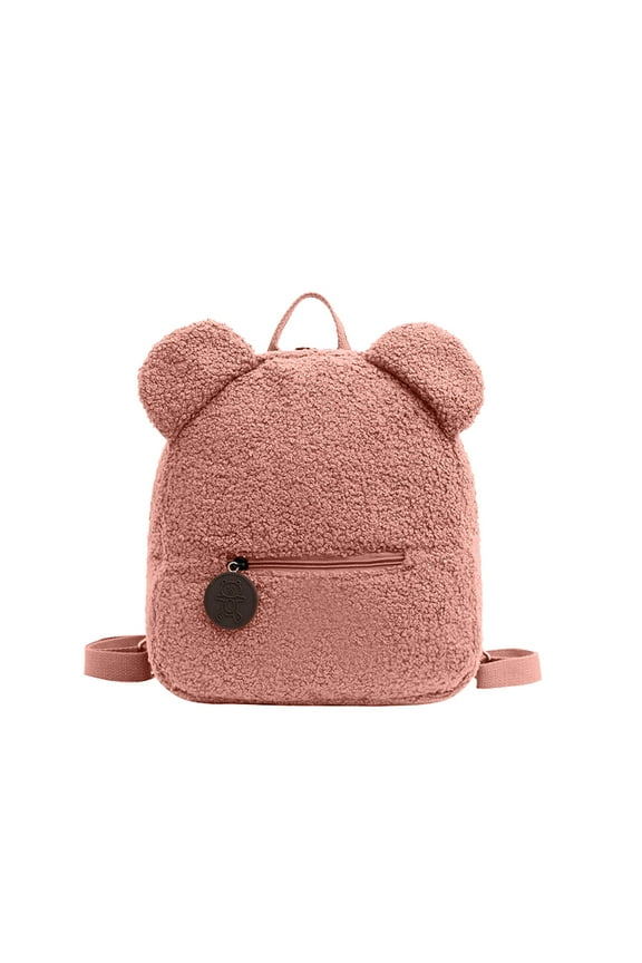 Unisex Plush Backpack Cute Mini Kawaii Bear Ears Lamb Wool Adjustable Strap Lightweight Portable Bag Pink