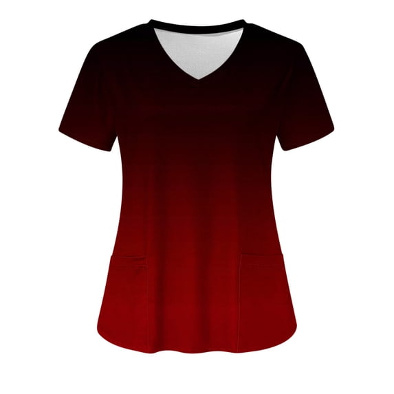 Xfvqtps V-Neck Gradient Scrubs Tops for Women Soft Stretch Wrinkle-Resist Medical Nursing Uniform with 2 Pockets Comfortable Lightweight Working Uniform Short Sleeve Printing Blouse Red