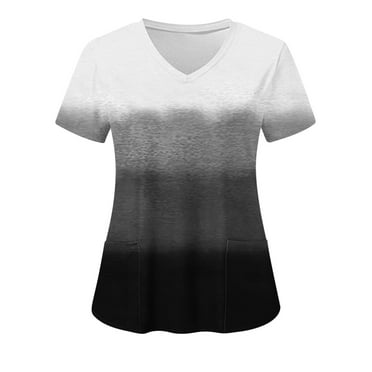 Xfvqtps V-Neck Gradient Scrubs Tops for Women Soft Stretch Wrinkle-Resist Medical Nursing Uniform with 2 Pockets Comfortable Lightweight Working Uniform Short Sleeve Printing Blouse Gray