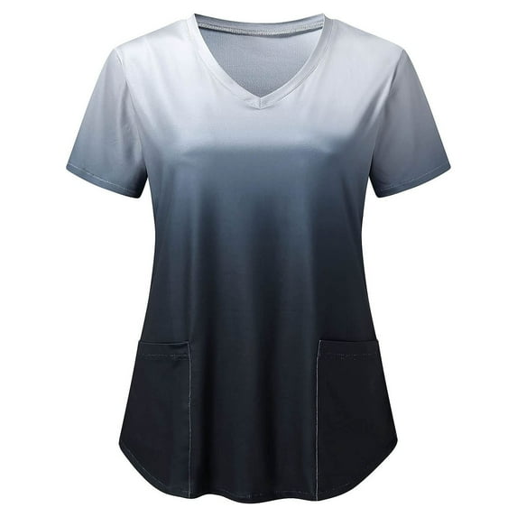 Xfvqtps V-Neck Gradient Scrubs Tops for Women Soft Stretch Wrinkle-Resist Medical Nursing Uniform with 2 Pockets Comfortable Lightweight Working Uniform Short Sleeve Printing Blouse Gray