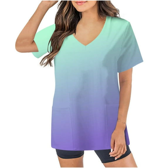 Xfvqtps V-Neck Gradient Scrubs Tops for Women Stretch Wrinkle-Resist Medical Nursing Uniform with 2 Pockets Comfortable Lightweight Working Uniform Short Sleeve Blouse Multicolor