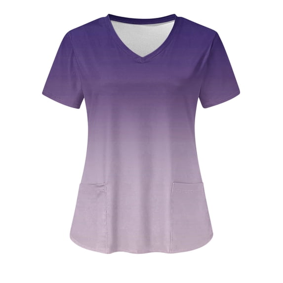 Xfvqtps V-Neck Gradient Scrubs Tops for Women Stretch Wrinkle-Resist Medical Nursing Uniform with 2 Pockets Comfortable Lightweight Working Uniform Short Sleeve Printing Blouse Purple