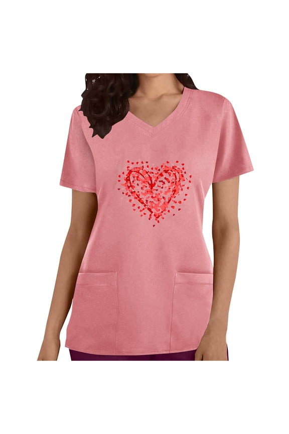 V-Neck Scrubs Tops for Women Soft Stretch Wrinkle-Resist Medical Nursing Uniform with 2 Pockets Comfortable Lightweight Working Uniform Casual Short Sleeve Printed Blouse Pink