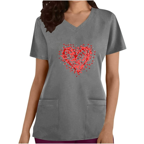 Xfvqtps V-Neck Scrubs Tops for Women Soft Stretch Wrinkle-Resist Medical Nursing Uniform with 2 Pockets Comfortable Lightweight Working Uniform Casual Short Sleeve Printed Blouse Gray