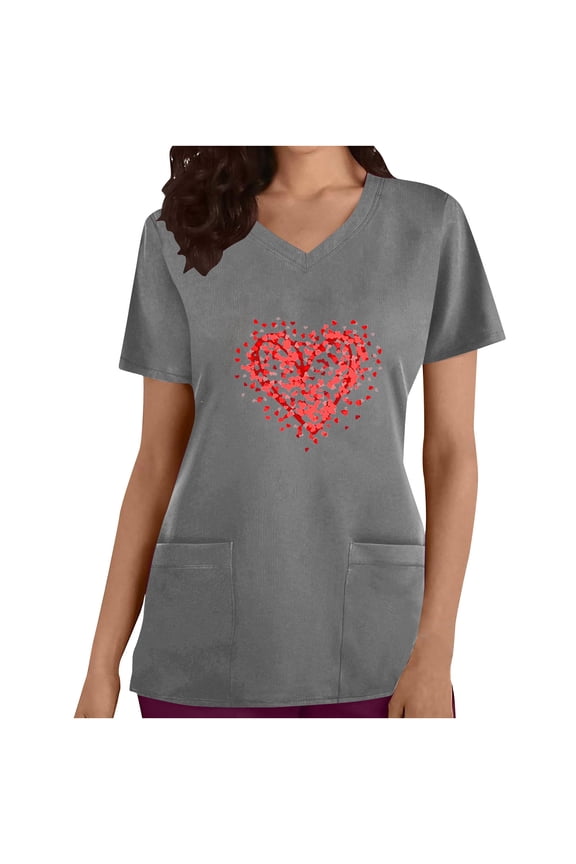 V-Neck Scrubs Tops for Women Soft Stretch Wrinkle-Resist Medical Nursing Uniform with 2 Pockets Comfortable Lightweight Working Uniform Casual Short Sleeve Printed Blouse Gray