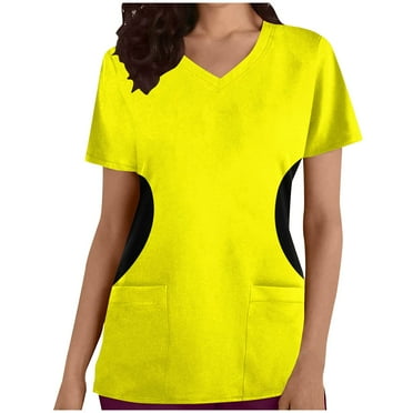 Xfvqtps V-Neck Scrubs Tops for Women Soft Stretch Wrinkle-Resist Medical Nursing Uniform with 2 Pockets Comfortable Lightweight Working Uniform Short Sleeve Printing Blouse Yellow