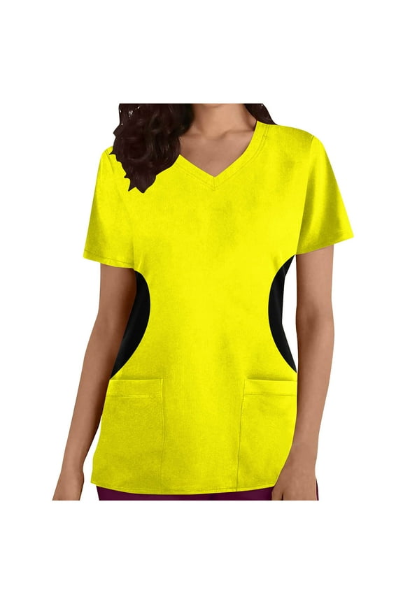 V-Neck Scrubs Tops for Women Soft Stretch Wrinkle-Resist Medical Nursing Uniform with 2 Pockets Comfortable Lightweight Working Uniform Short Sleeve Printing Blouse Yellow