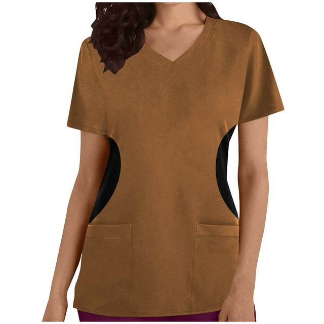 Xfvqtps V-Neck Scrubs Tops for Women Soft Stretch Wrinkle-Resist Medical Nursing Uniform with 2 Pockets Comfortable Lightweight Working Uniform Short Sleeve Printing Blouse Coffee