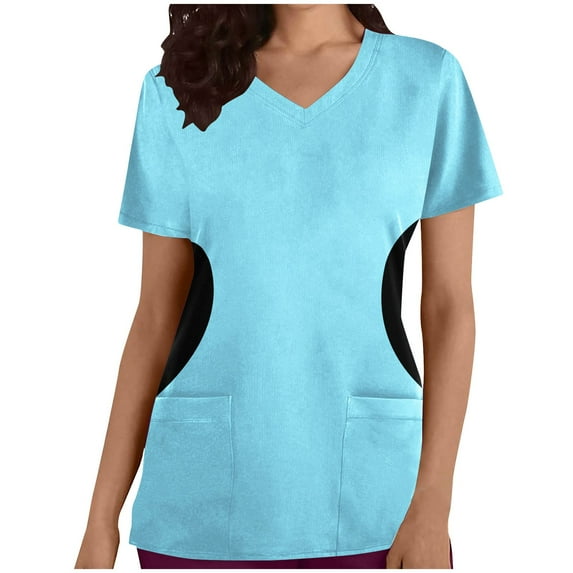 Xfvqtps V-Neck Scrubs Tops for Women Soft Stretch Wrinkle-Resist Medical Nursing Uniform with 2 Pockets Comfortable Lightweight Working Uniform Short Sleeve Printing Blouse Light Blue