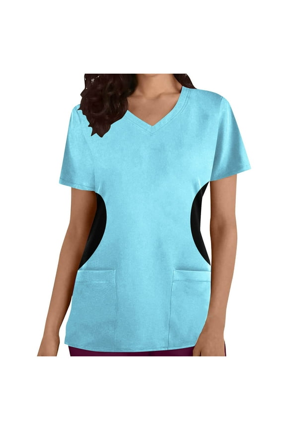 V-Neck Scrubs Tops for Women Soft Stretch Wrinkle-Resist Medical Nursing Uniform with 2 Pockets Comfortable Lightweight Working Uniform Short Sleeve Printing Blouse Light Blue