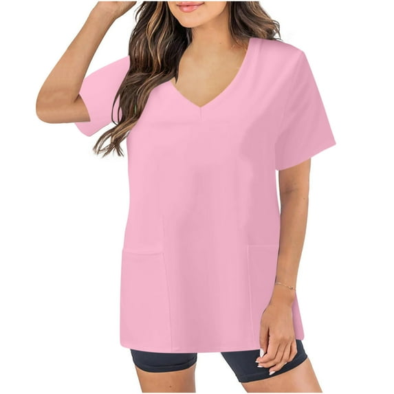 Xfvqtps V-Neck Scrubs Tops for Women Soft Stretch Wrinkle-Resist Medical Nursing Uniform with 2 Pockets Comfortable Lightweight Working Uniform Short Sleeve Solid Color Blouse Pink