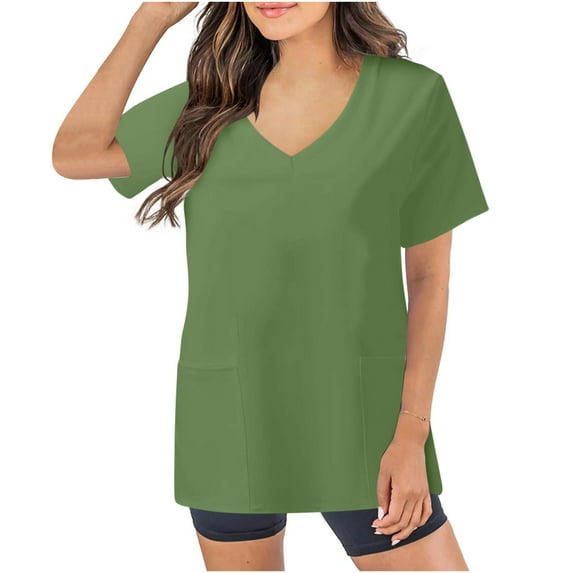Xfvqtps V-Neck Scrubs Tops for Women Soft Stretch Wrinkle-Resist Medical Nursing Uniform with 2 Pockets Comfortable Lightweight Working Uniform Short Sleeve Solid Color Blouse Green