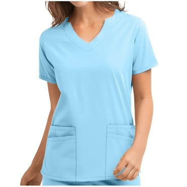 Xfvqtps V-Neck Scrubs Tops for Women Stretch Wrinkle-Resist Medical Nursing Uniform with 4 Pockets Comfortable Lightweight Working Uniform Causal Short Sleeve Solid Color Blouse Sky Blue