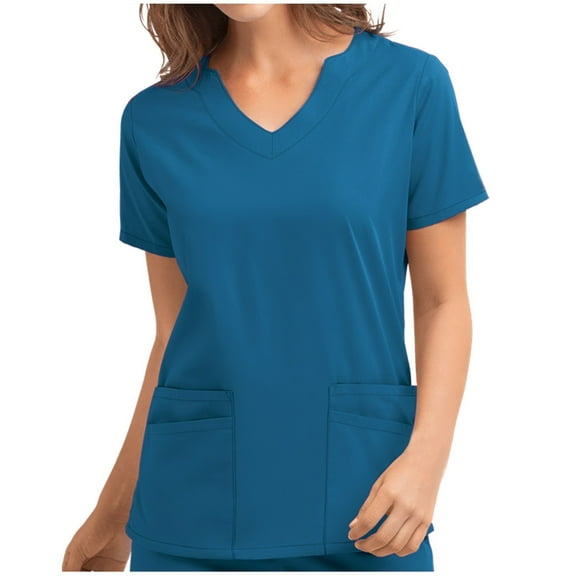 Xfvqtps V-Neck Scrubs Tops for Women Stretch Wrinkle-Resist Medical Nursing Uniform with 4 Pockets Comfortable Lightweight Working Uniform Causal Short Sleeve Solid Color Blouse Blue