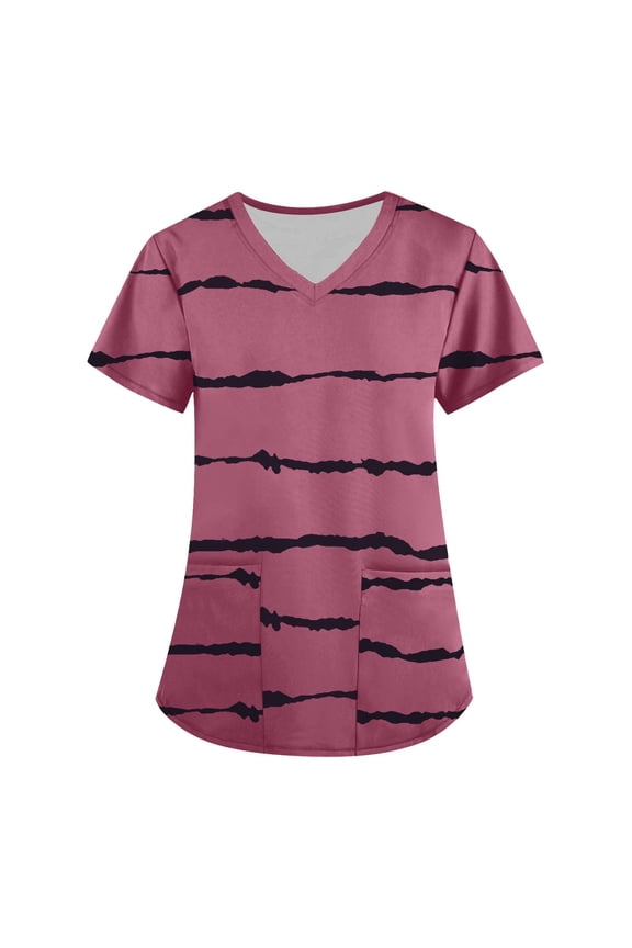 V-Neck Stripe Scrubs Tops for Women Soft Stretch Wrinkle-Resist Medical Nursing Uniform with 2 Pockets Comfortable Lightweight Working Uniform Short Sleeve Printing Blouse Pink