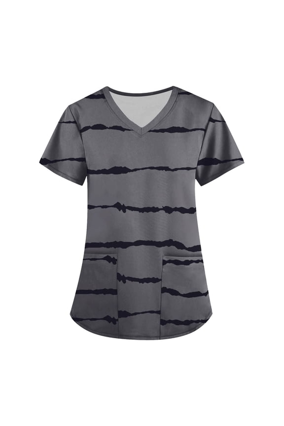 V-Neck Stripe Scrubs Tops for Women Soft Stretch Wrinkle-Resist Medical Nursing Uniform with 2 Pockets Comfortable Lightweight Working Uniform Short Sleeve Printing Blouse Gray