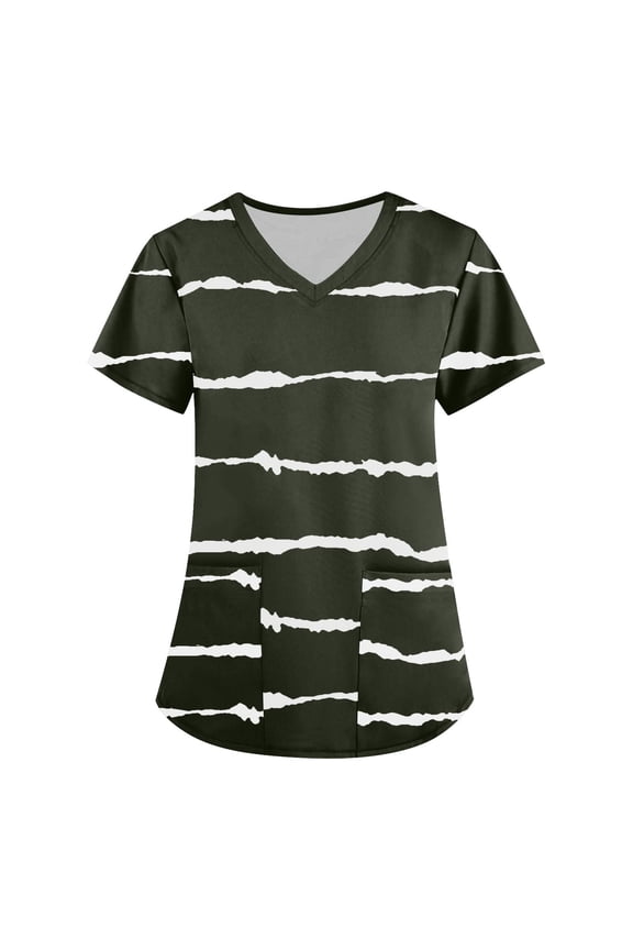 V-Neck Stripe Scrubs Tops for Women Stretch Wrinkle-Resist Medical Nursing Uniform with 2 Pockets Comfortable Lightweight Working Uniform Short Sleeve Printing Blouse Olive Green