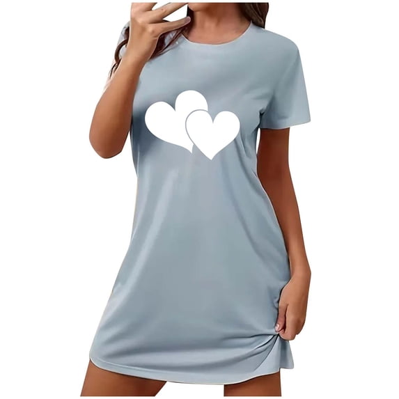 Xfvqtps Valentine's Day Nightgown for Women Plus Size Double Love Print Short Sleeve Crew Neck Solid Color Lightweight Soft Comfortable Pajamas Dark Gray