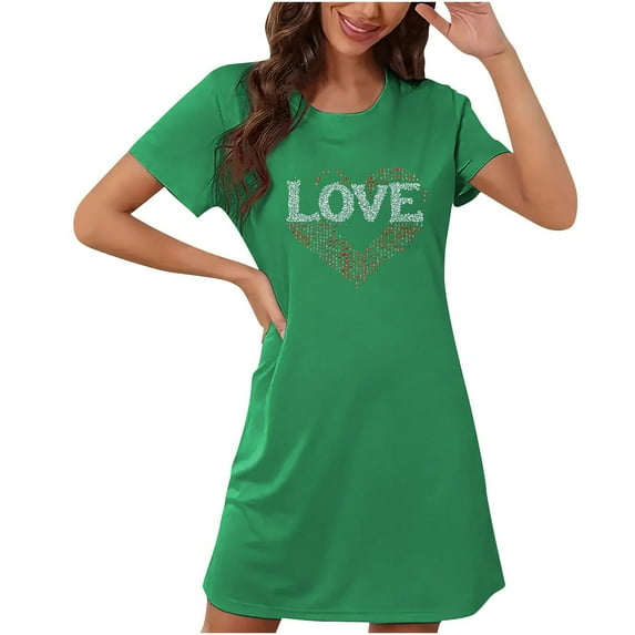 Xfvqtps Valentine's Day Nightgown for Women Plus Size Droplet Love Print Short Sleeve Crew Neck Solid Color Lightweight Soft Comfortable Pajamas Green
