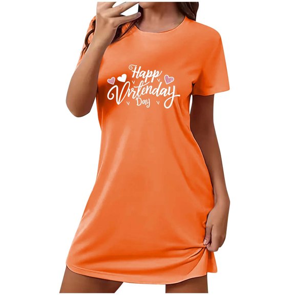 Xfvqtps Valentine's Day Nightgown for Women Plus Size Happy Valentine's Day Print Short Sleeve Crew Neck Solid Color Lightweight Soft Comfortable Pajamas Orange