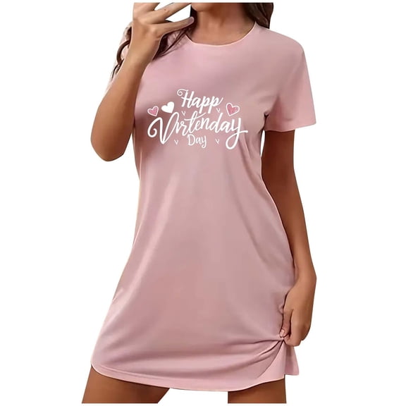 Xfvqtps Valentine's Day Nightgown for Women Plus Size Happy Valentine's Day Print Short Sleeve Crew Neck Solid Color Lightweight Soft Comfortable Pajamas Pink