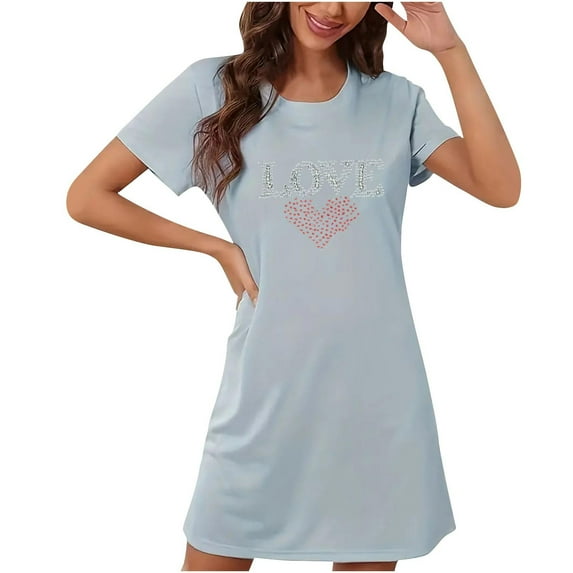 Xfvqtps Valentine's Day Nightgown for Women Plus Size Love Print Rhinestone Short Sleeve Crew Neck Solid Color Lightweight Soft Comfortable Pajamas Blue