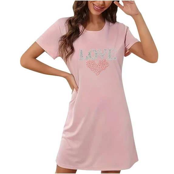 Xfvqtps Valentine's Day Nightgown for Women Plus Size Love Print Rhinestone Short Sleeve Crew Neck Solid Color Lightweight Soft Comfortable Pajamas Pink
