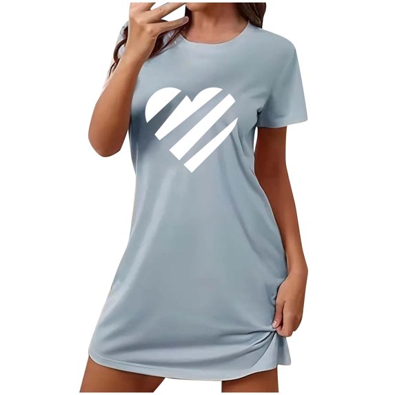 Xfvqtps Valentine's Day Nightgown for Women Plus Size Stripe Love Print Short Sleeve Crew Neck Solid Color Lightweight Soft Comfortable Pajamas Dark Gray