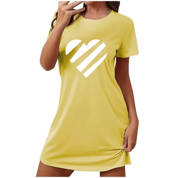 Xfvqtps Valentine's Day Nightgown for Women Plus Size Stripe Love Print Short Sleeve Crew Neck Solid Color Lightweight Soft Comfortable Pajamas Yellow