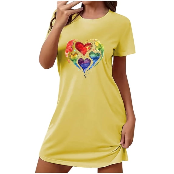 Xfvqtps Valentine's Day Nightgown for Women Plus Size Watercolor Love Print Colorful Short Sleeve Crew Neck Solid Color Lightweight Soft Comfortable Pajamas Yellow