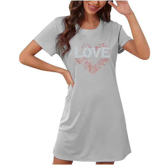 Xfvqtps Valentine's Day Nightgown for Women Plus Size Droplet Love Print Short Sleeve Crew Neck Solid Color Lightweight Soft Comfortable Pajamas Gray