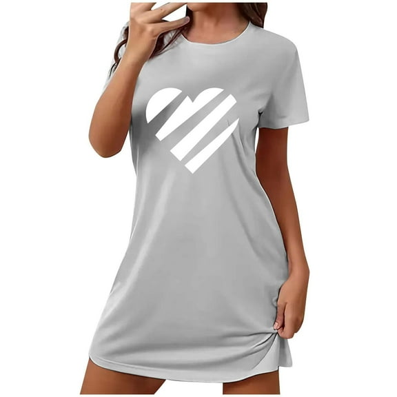 Xfvqtps Valentine's Day Nightgown for Women Plus Size Stripe Love Print Short Sleeve Crew Neck Solid Color Lightweight Soft Comfortable Pajamas Gray
