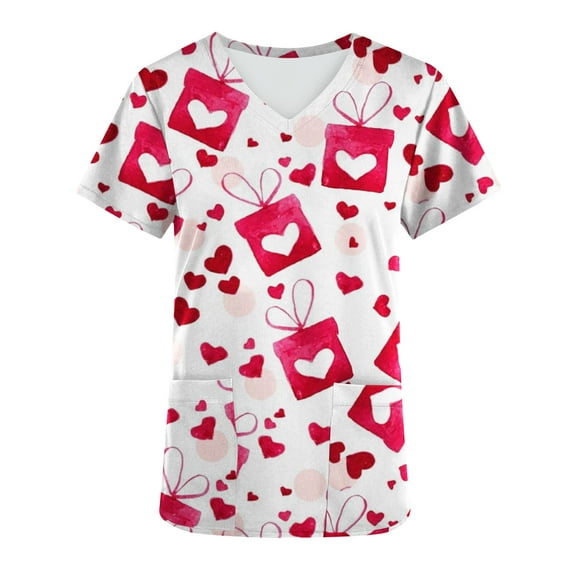 Xfvqtps Valentine's Day Scrub Tops for Women Comfortable Lightweight Medical Nursing Uniform Short Sleeved V-neck Working Uniform With Pocket Pink