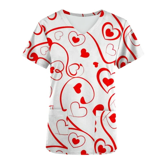 Xfvqtps Valentine's Day Scrub Tops for Women Comfortable Lightweight Medical Nursing Uniform Short Sleeved V-neck Working Uniform With Pocket Red
