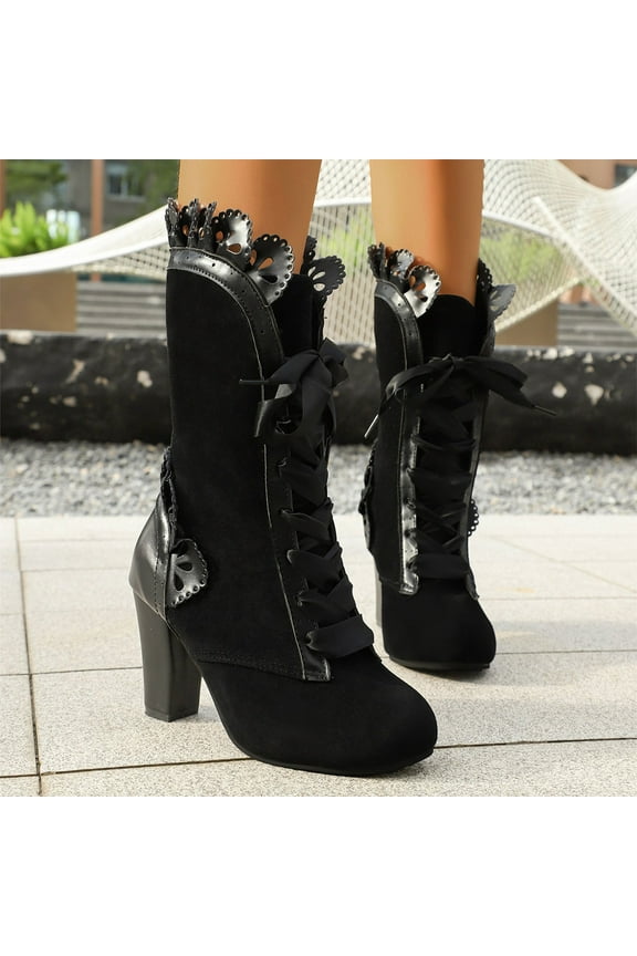Vintage Womens Boots Mid Calf Lace up Chunky High Heel Round Toe Ruffles Fashion Vintage Heel Boots Black