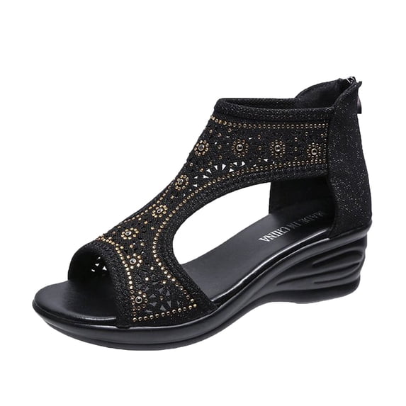 Xfvqtps Wedge Sandals for Women Back Zipper Side Cutout Rhinestone Sparkling Open Toe Soft Sole Non Slip Comfortable Dressy Walking Beach Summer Roman Sandals Black