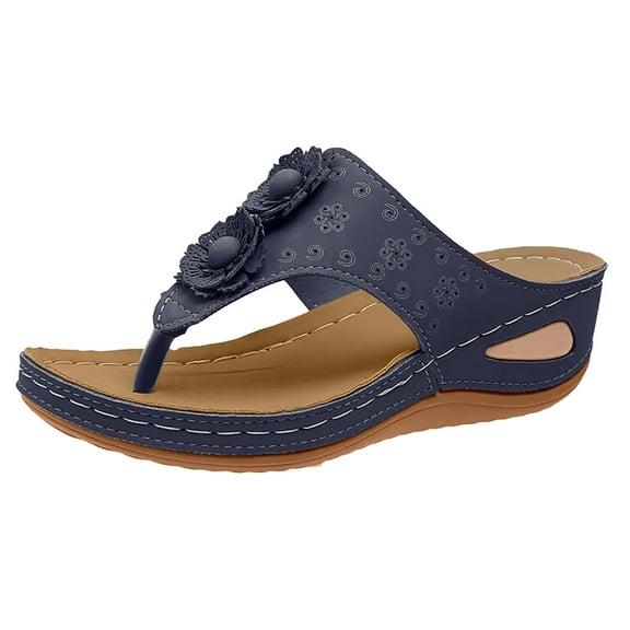 Xfvqtps Wedge Sandals for Women Clip Toe Flip Flops Flower Decor Arch Support Slide Soft Sole Non Slip Comfortable Breathable Casual Walking Summer Flatform Shoes Dark Blue