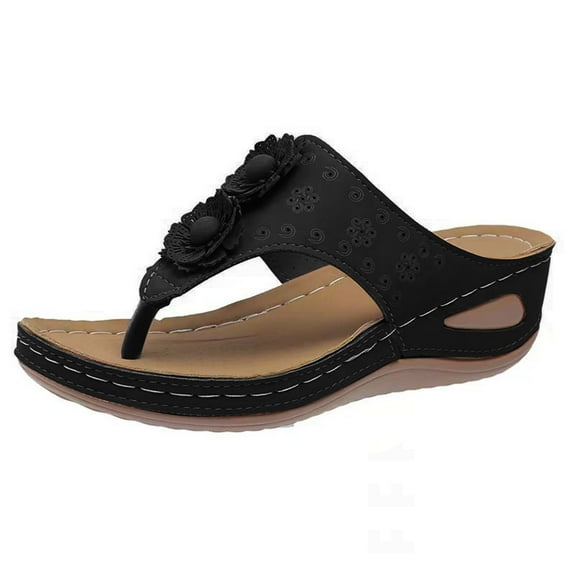Xfvqtps Wedge Sandals for Women Clip Toe Flip Flops Flower Decor Arch Support Slide Soft Sole Non Slip Comfortable Breathable Casual Walking Summer Flatform Shoes Black
