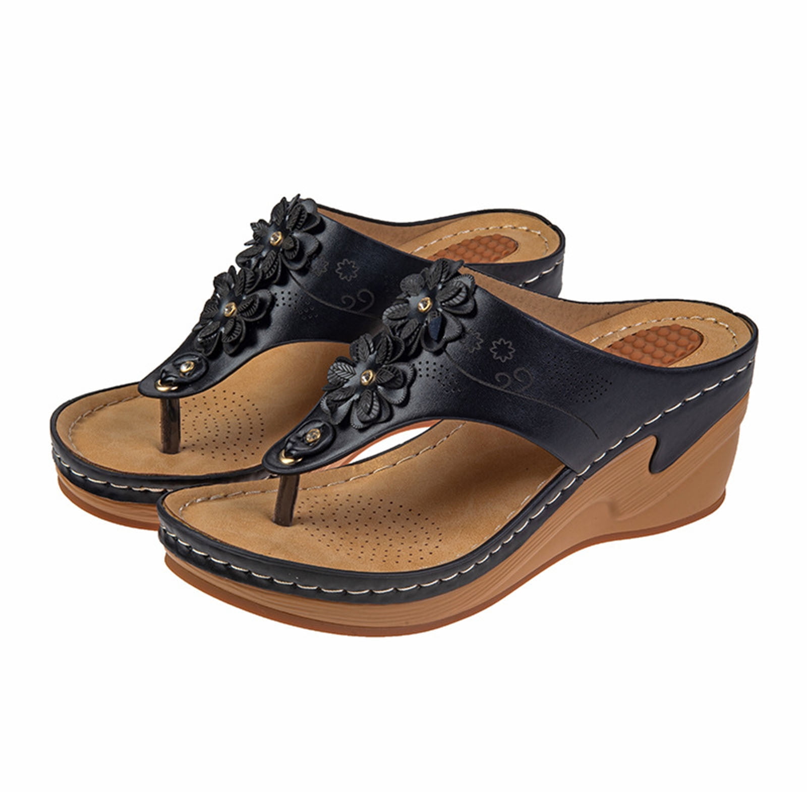 Synthetic Leather Wedge Flip Flops with Floral Embellishments