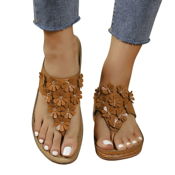 Xfvqtps Wedge Sandals for Women Flip Flops Slide Flower Decor Arch Support Non Slip Soft Sole Comfortable Breathable Casual Walking Summer Shoes Brown