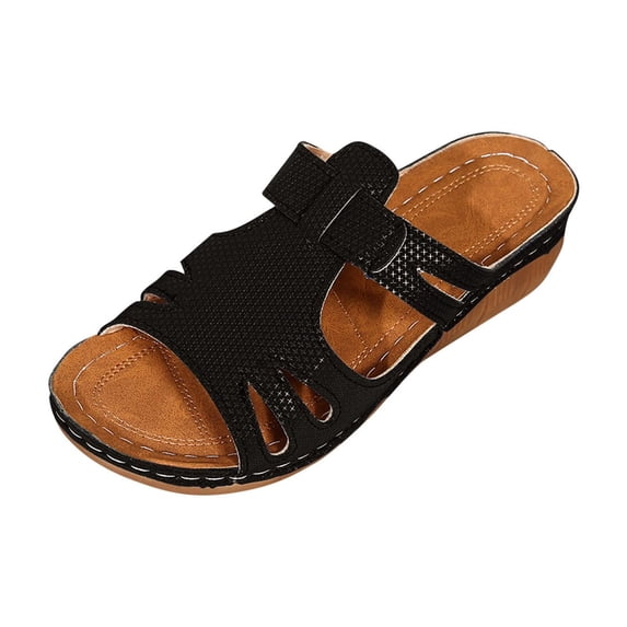 Xfvqtps Wedge Sandals for Women Slide Open Toe Hollow out Cutout Breathable Orthopedic Soft Sole Non Slip Comfortable Walking Beach Summer Slippers Black