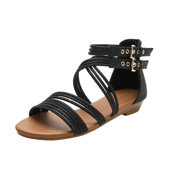 Xfvqtps Wedge Sandals for Women Back Zipper Crisscross Strappy Open Toe Side Cutout Buckle Decoration Dressy Beach Summer Roman Sandals Black