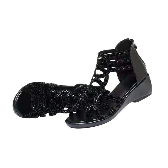 Xfvqtps Wedge Sandals for Women Back Zipper Side Cutout Rhinestone Strappy Peep Toe Sparkly Dressy Beach Summer Roman Sandals Black