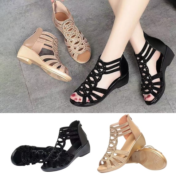 Xfvqtps Wedge Sandals for Women Back Zipper Side Cutout Rhinestone Strappy Peep Toe Sparkly Dressy Beach Summer Roman Sandals Gold