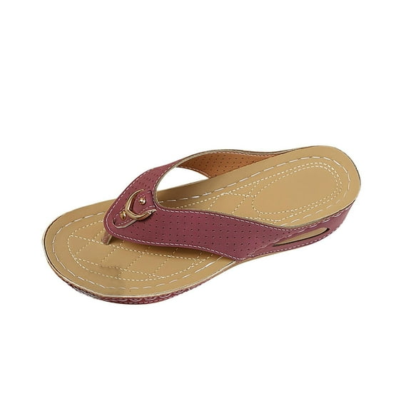 Xfvqtps Wedge Sandals for Women Flip Flops Slide Open Toe Soft Sole Non Slip Breathable Beach Thong Shoes Wine