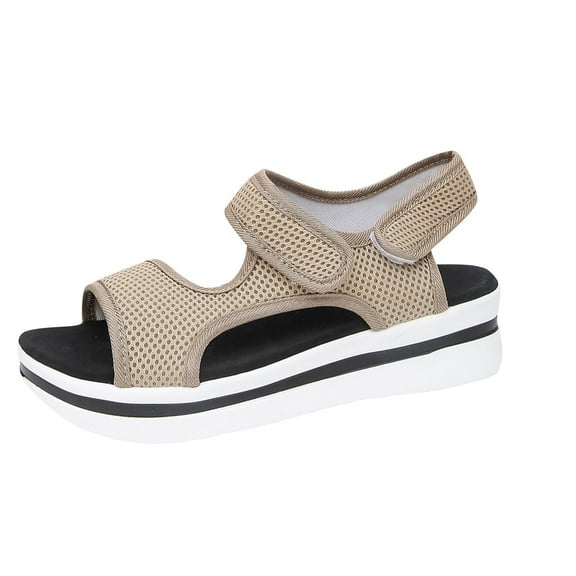 Xfvqtps Wedge Sandals for Women Flatform Mesh Hook and Loop Soft Sole Non Slip Breathable Summer Sandals Khaki
