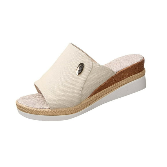 Xfvqtps Wedge Sandals for Women Flatform Slipper High Heel Peep Toe Canvas Summer Slide Sandals Beige